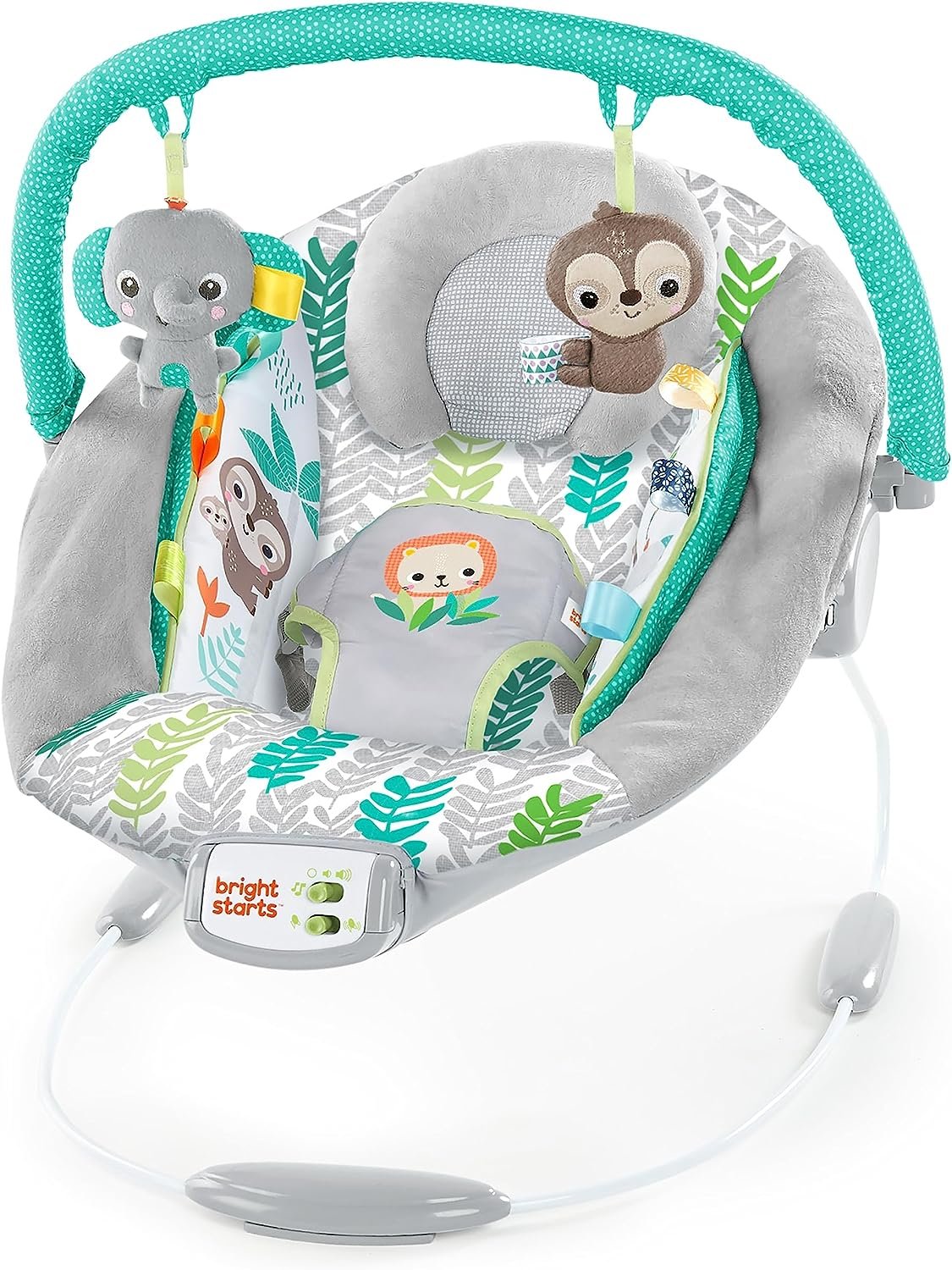 Bright Starts Comfy Baby Bouncer Soothing Vibrations Infant Seat - Taggies, Music, Removable-Toy Bar, 0-6 Months Up to 20 lbs (Jungle Vines)