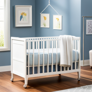 An image capturing a serene nursery bathed in soft morning light, with a meticulously crafted white wooden crib as the focal point