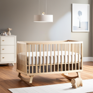 An image showcasing a serene nursery, bathed in soft natural light, with a beautifully crafted wooden crib as the focal point