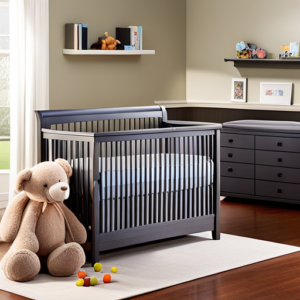 An image that showcases an inviting nursery with an affordable crib in the center, surrounded by soft pastel walls, a plush rug, and shelves filled with adorable stuffed animals and colorful toys