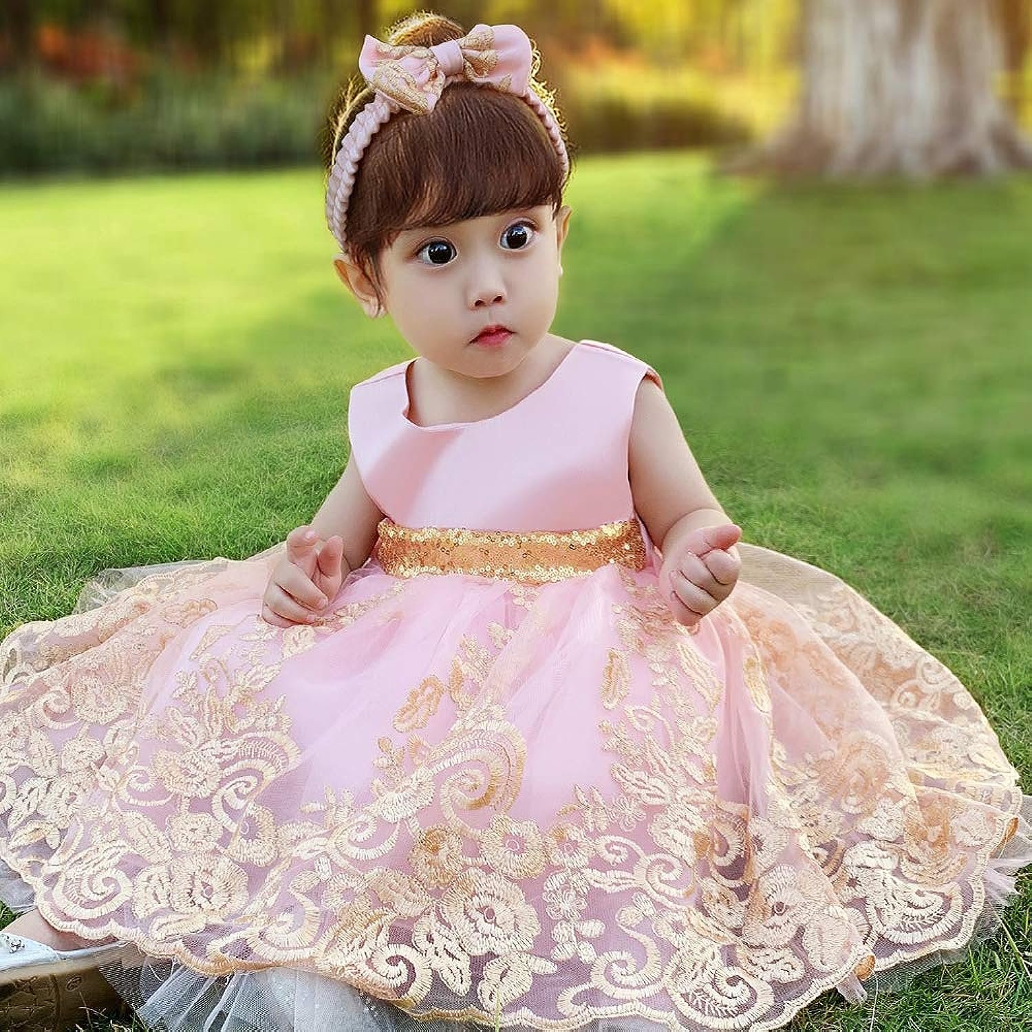 CMMCHAAH 0-6 Years Baby Girls Pageant Lace Embroidery Dresses Toddler Formal Dress with Headwear