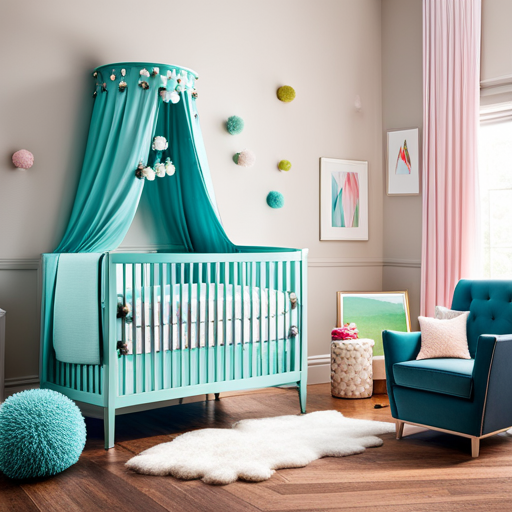 An eye-catching image showcasing a nursery with a vibrant, turquoise crib adorned with pastel-colored pompoms hanging from the canopy