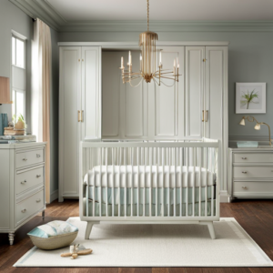 An image showcasing a serene nursery scene with a luxurious, eco-friendly crib as the centerpiece
