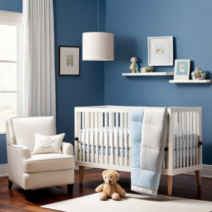 An image showcasing a serene nursery adorned with a charming crib for a baby boy: soft blue walls, delicate mobile swaying above, cozy bedding, and a plush toy nestled in the corner