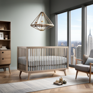 An image showcasing the Crib Target: A sleek, modern crib in a soft grey tone, adorned with a whimsical mobile of vibrant, geometric shapes