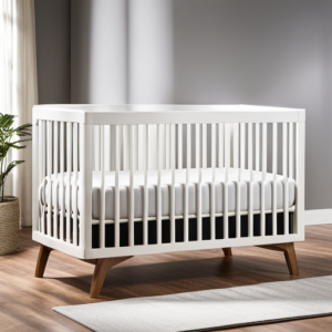An image of a crib with adjustable mattress heights, convertible into a toddler bed, daybed, and full-size bed