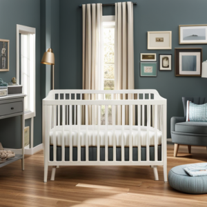 An image showcasing a cozy nursery with a sturdy wooden crib under $100