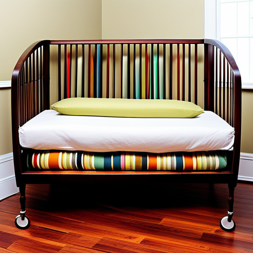 An image showcasing a homemade crib made from repurposed materials, adorned with colorful fabrics and cushions