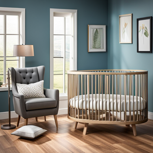 An image showcasing a cozy nursery corner with a crib under $100, nestled against a backdrop of budget-friendly stores