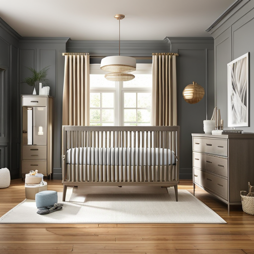 An image of a sleek, convertible 4-in-1 crib showcasing its adjustable mattress heights, sturdy build, teething rails, and storage space, highlighting the convenience and safety features to consider when choosing a crib