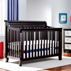 An image showcasing an array of sturdy cribs in vibrant colors, neatly organized on the spacious, well-lit aisles of Walmart