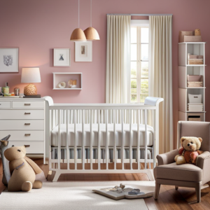 An image showcasing a cozy nursery with a sturdy wooden crib adorned with soft, pastel bedding