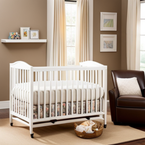 An image showcasing a cozy nursery corner with a beautiful convertible crib from Walmart, adorned with a plush mobile and soft bedding