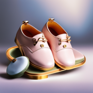 An image showcasing a pair of adorable D&G baby shoes in soft pastel tones, featuring delicate lace details and a tiny gold logo charm, resting on a plush, cloud-like cushion