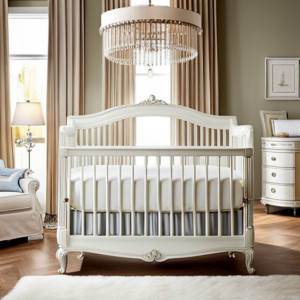 An image showcasing a luxurious high-end baby crib in a softly lit nursery