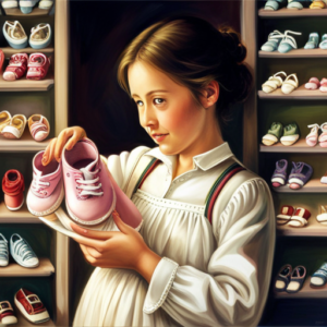 An image depicting a young parent joyfully holding a pair of soft, pastel-colored baby shoes in one hand, while the other hand adjusts the tiny straps
