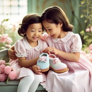 An image showcasing a pair of delicate baby shoes, skillfully crocheted in pastel colors