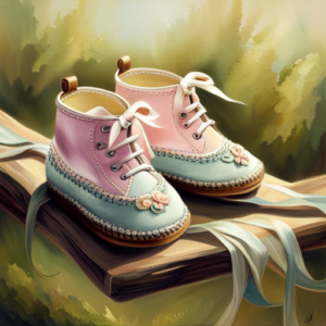 An image showcasing a pair of tiny, handcrafted baby shoes