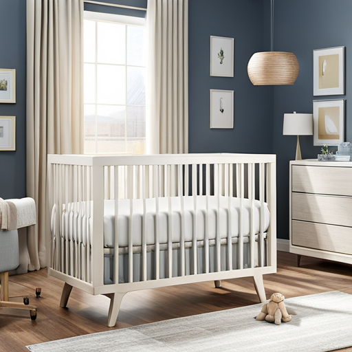 An image showcasing a modern crib in a serene nursery setting, adorned with soft pastel colors, plush toys, and a cozy mobile, highlighting the affordability of the crib while exuding comfort and style