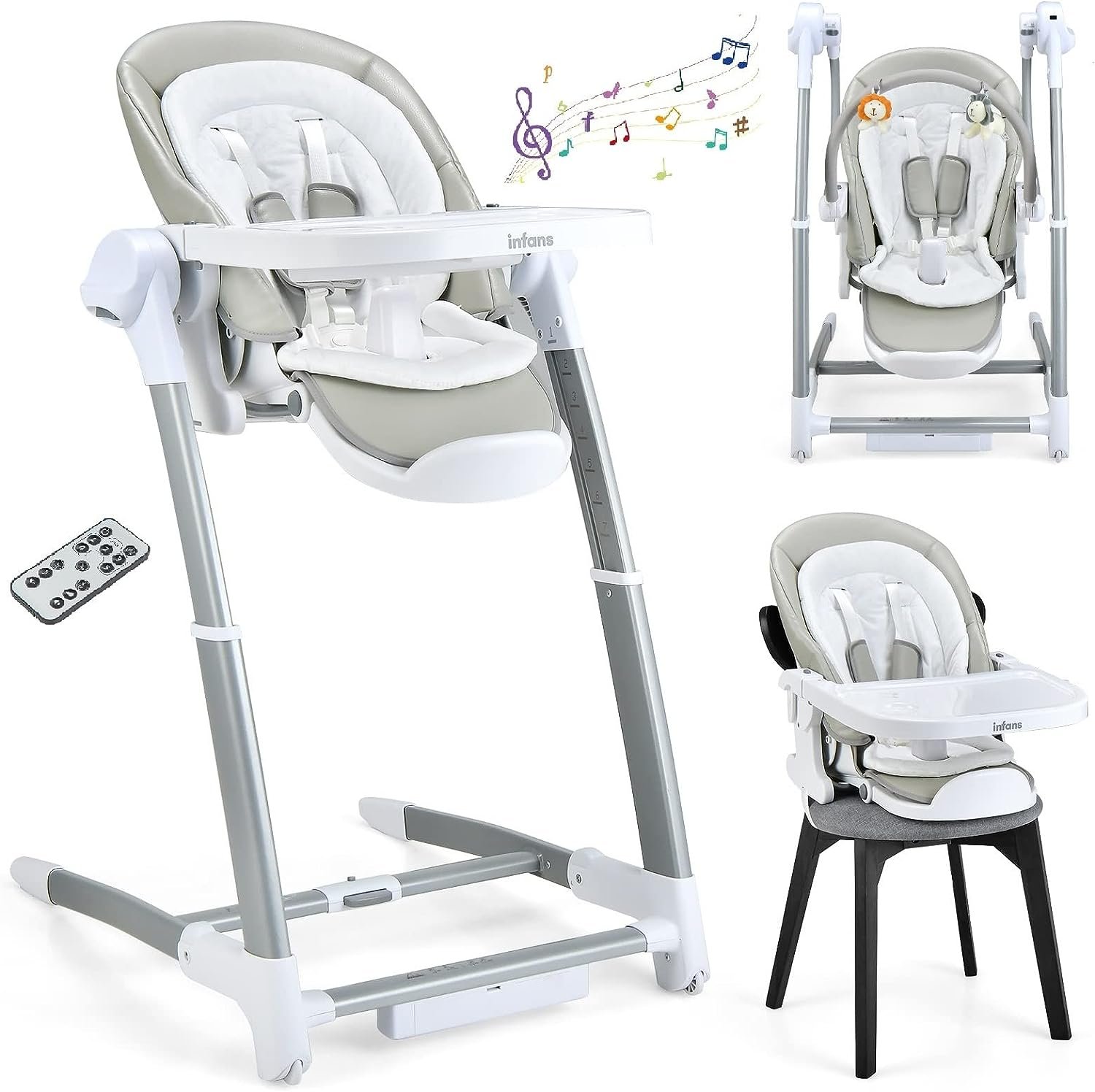 INFANS 3 in 1 Baby High Chair, Electric Baby Swing, Infant Dining Booster Seat with Remote Control One-Hand Removable Tray Double Cushion, Multifunction Highchair for Toddlers