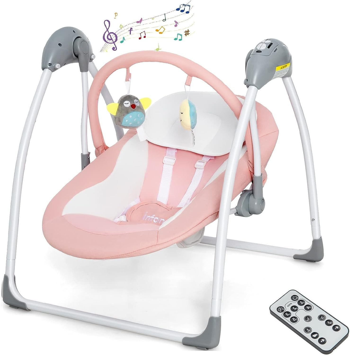 INFANS Baby Swing for Infants, Compact Portable Baby Electric Rocker for Newborn with 5 Speed Natural Sway Music Timing 2 Toys Remote Control, Easy Fold, 0-6 Months Boy Girl (Pink)