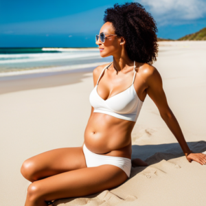 An image showcasing a radiant expectant mother wearing a fashionable maternity 2 piece swimsuit