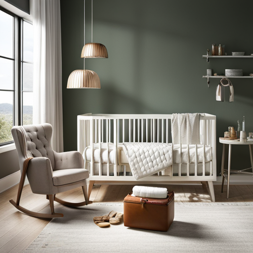 An image that captures the essence of maternity essentials: a serene, sunlit room with a cozy rocking chair, a soft baby blanket draped over it, and a stylish diaper bag resting nearby, filled with neatly organized essentials