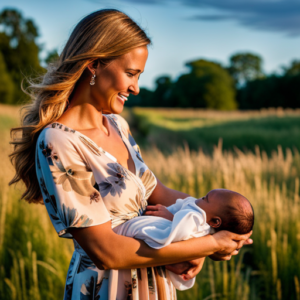 E the joy of new beginnings with an image of a radiant mother, dressed in a stylish, flowing floral maxi dress, cradling her newborn baby in her arms, ready to embark on their journey home