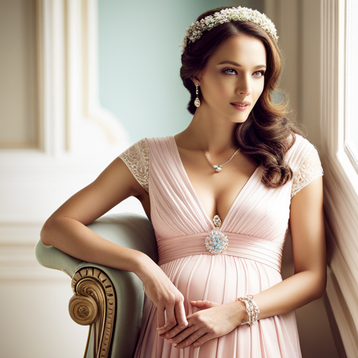 An image showcasing a radiant pregnant woman wearing a stylish maternity gown in a soft pastel hue, adorned with delicate floral hair accessories, elegant dangling earrings, and a dainty bracelet