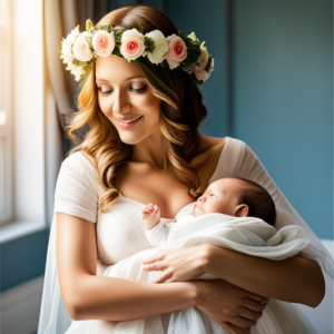 An image showcasing a radiant expectant mother with a gentle smile, her wavy hair adorned with a delicate flower crown