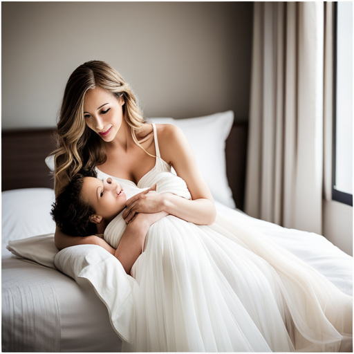 An image capturing a radiant mother-to-be in a comfortable, pastel-hued maternity gown, gently cradling her baby bump while surrounded by a serene hospital room, adorned with soft, floral decor and natural light streaming through sheer curtains