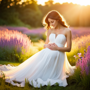 An image showcasing a serene outdoor setting, with a glowing mother-to-be in a flowing white dress, gently cradling her baby bump while surrounded by blooming flowers and a soft sunset glow