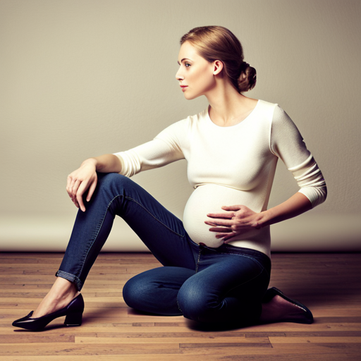 An image showcasing a side-by-side comparison of a pregnant woman wearing regular jeans with a restrictive waistband and another wearing maternity jeans with comfortable side panels, emphasizing the freedom and comfort the latter provides