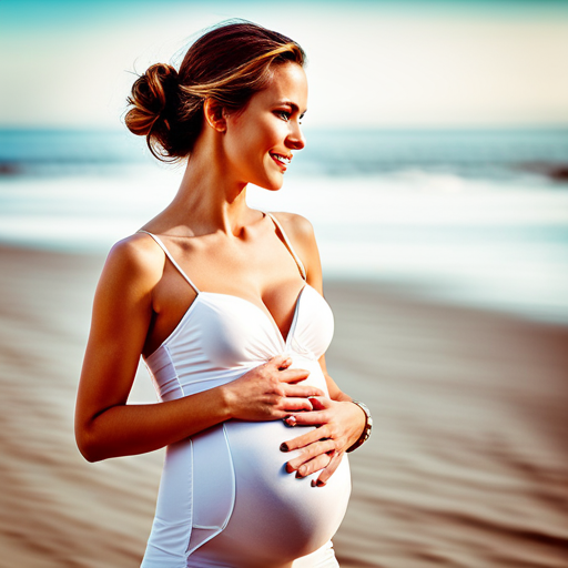 An image showcasing a pregnant woman happily strolling along a sandy beach, her blossoming baby bump accentuated by a pair of stylish and comfortable knee-length maternity shorts, radiating confidence and joy