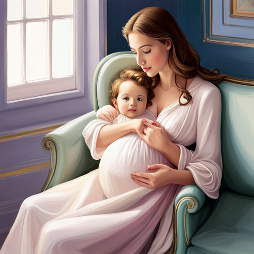 An image capturing the serene beauty of a pregnant woman in a flowing, pastel-hued maternity nightgown and matching robe, gently cradling her baby bump, surrounded by soft, dreamy lighting