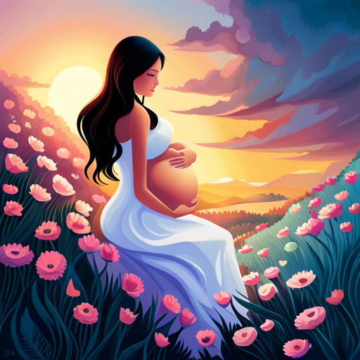 An image showcasing the beauty of motherhood, featuring an enchanting sunset backdrop with silhouettes of a pregnant woman embracing her belly, surrounded by blooming flowers symbolizing the miracle of life