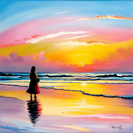 An image of a serene beach at sunrise, with a silhouette of a pregnant woman standing at the water's edge, surrounded by soft pastel hues