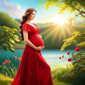 An image showcasing a radiant expectant mother dressed in a fashionable Maternity Shein outfit, glowing in soft sunlight as she cradles her baby bump, surrounded by blooming flowers and a backdrop of serene nature