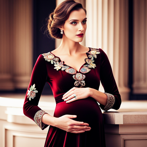 An image of a radiant pregnant woman in a rich burgundy velvet dress adorned with delicate floral patterns, showcasing the elegant combination of deep hues and intricate designs that elevate the beauty of maternity velvet dresses