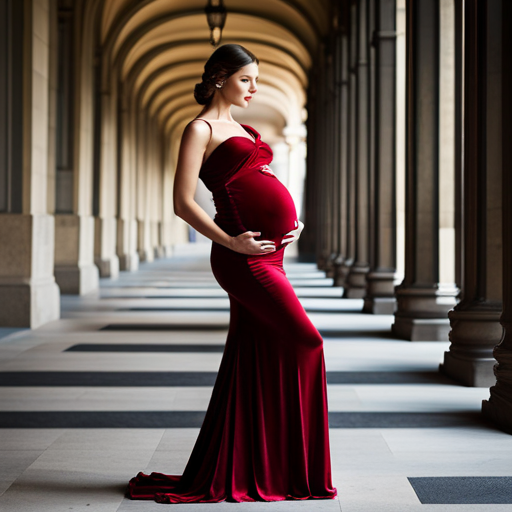 An image showcasing a pregnant woman gracefully draped in a luxurious, form-fitting velvet dress