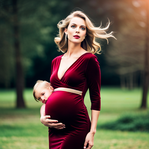 Ng pregnant woman wearing a soft, deep burgundy velvet dress, gently cradling her baby bump