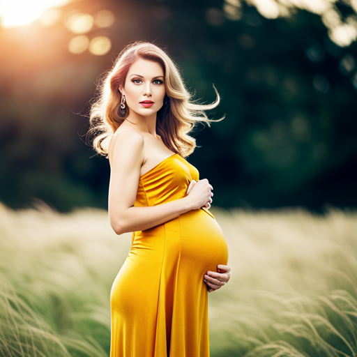 An image showcasing a radiant pregnant woman wearing a luxurious velvet dress, basking in soft golden sunlight