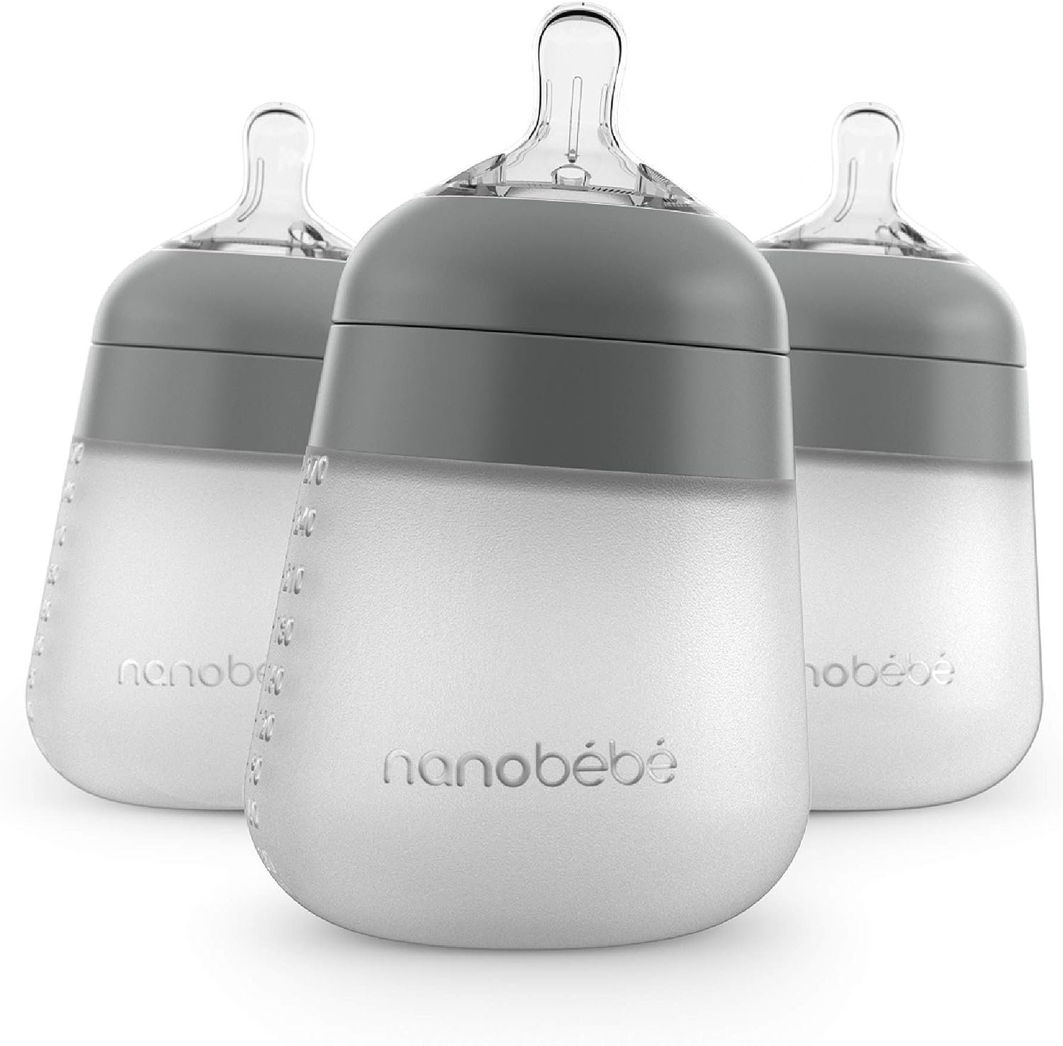 Nanobébé Flexy Silicone Baby Bottle, Anti-Colic, Natural Feel, Non-Collapsing Nipple, Non-Tip Stable Base, Easy to Clean, 3-Pack, Gray, 9oz