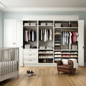 An image capturing a beautifully organized nursery wardrobe