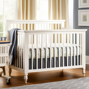An image showcasing the Pottery Barn Convertible Crib, capturing its elegant white frame, intricate spindle design, and versatile features like adjustable mattress heights and effortlessly transforming into a toddler bed