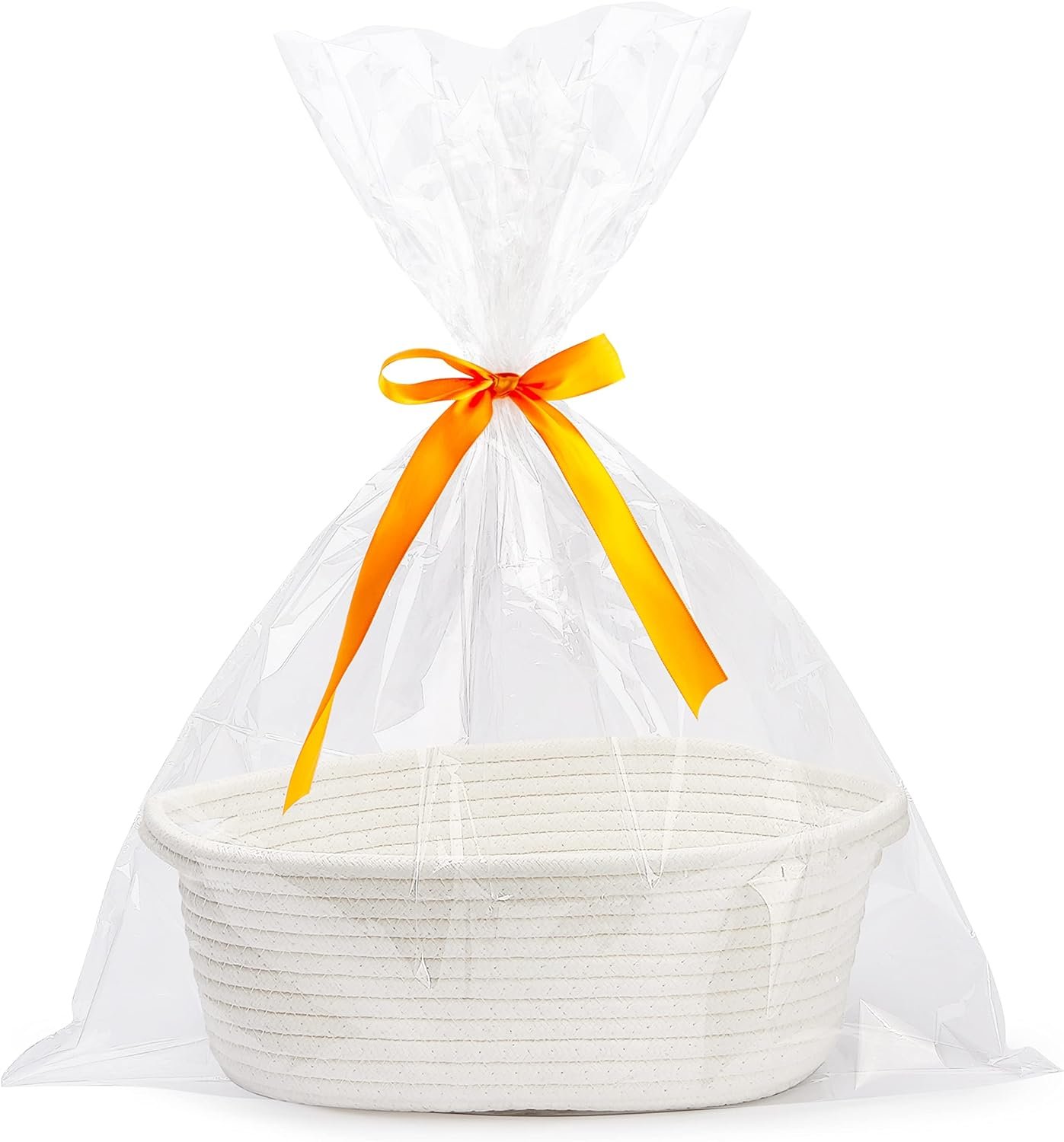 Pro Goleem Small Woven Basket with Gift Bags and Ribbons Durable Baskets for Halloween Gifts Empty Small Rope Basket for Storage 12X 8 X 5 Baby Toy Basket with Handles, White