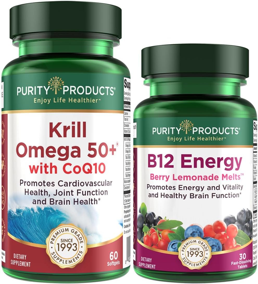 Purity Products Bundle - Krill Omega 50+ with CoQ10 + B-12 Energy Melt - Krill Omega 50+ with CoQ10 (Krill Oil, Fish Oil, CoQ10, Vitamin D) B-12 Berry Melt (Methylcobalamin B12 + B6 + D3 + More)