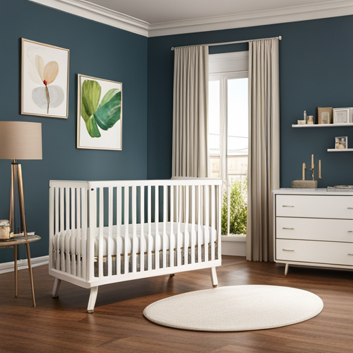 An image showcasing a sturdy and well-built baby crib, with clear visual indicators of its safety features: adjustable mattress height, non-toxic materials, smooth edges, and sturdy bars adhering to international safety standards
