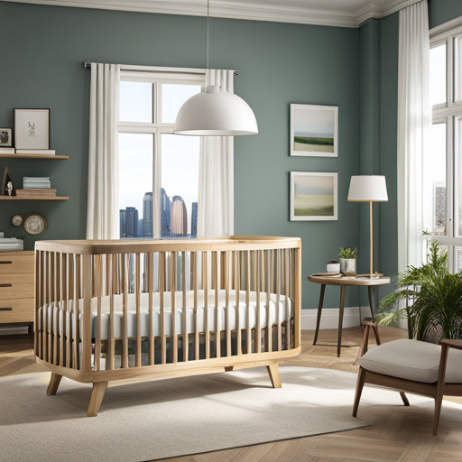 An image showcasing a modern crib with sturdy, solid wood construction