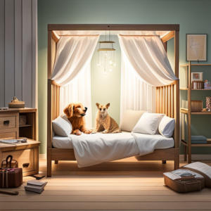 An image capturing the cozy charm of a small baby bed: a plush mattress adorned with a soft, pastel-colored blanket, surrounded by a canopy of delicate, shimmering fairy lights, and a tiny mobile with whimsical animal characters hanging above